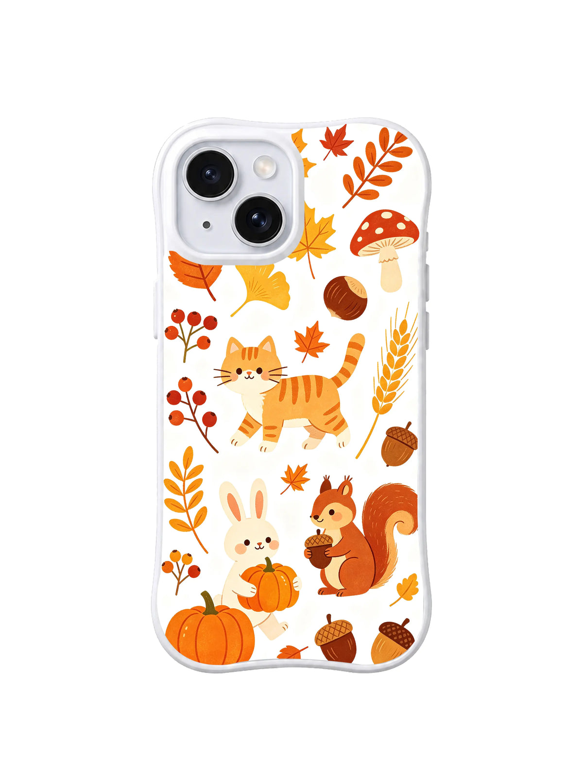 Maple Cat Thanksgiving Stroll / Cat Bunny Squirrel Harvest: Yaprak, buğday ve mantarlarla çevrili, balkabağı tutan tavşanın ve palamutlu sincabın üzerinde tek turuncu kedi.