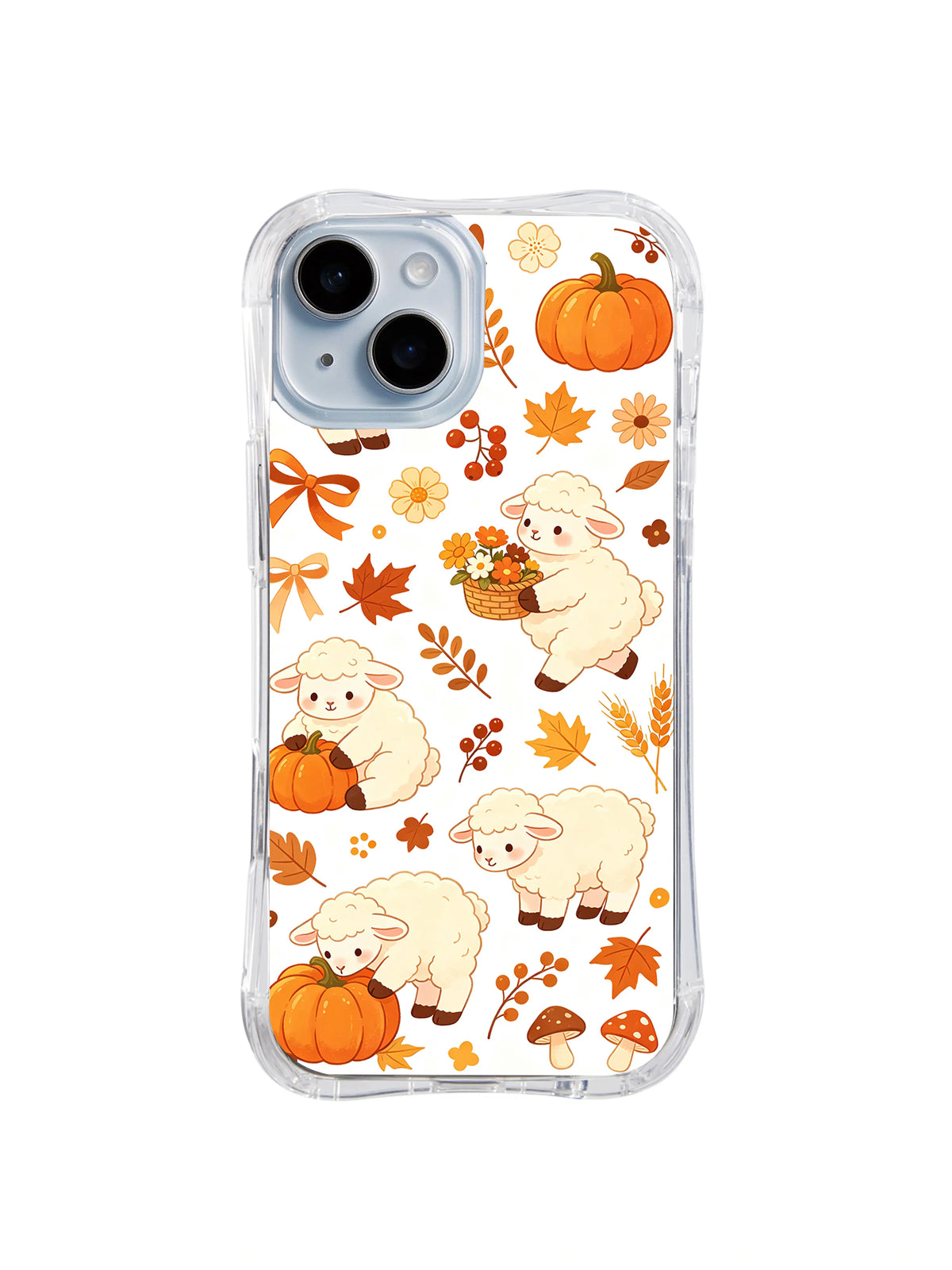Forest Lamb Gratitude Basket / Pumpkin Lamb Meadow: Cream lambs standing, resting and carrying flowers among pumpkins, orange bows, maple leaves and small mushrooms.