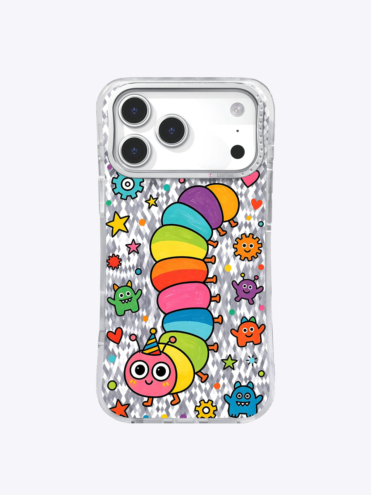 iPhone 17 Pro Max kılıfının arkasında Pale Repose gökkuşağı tırtıl deseni