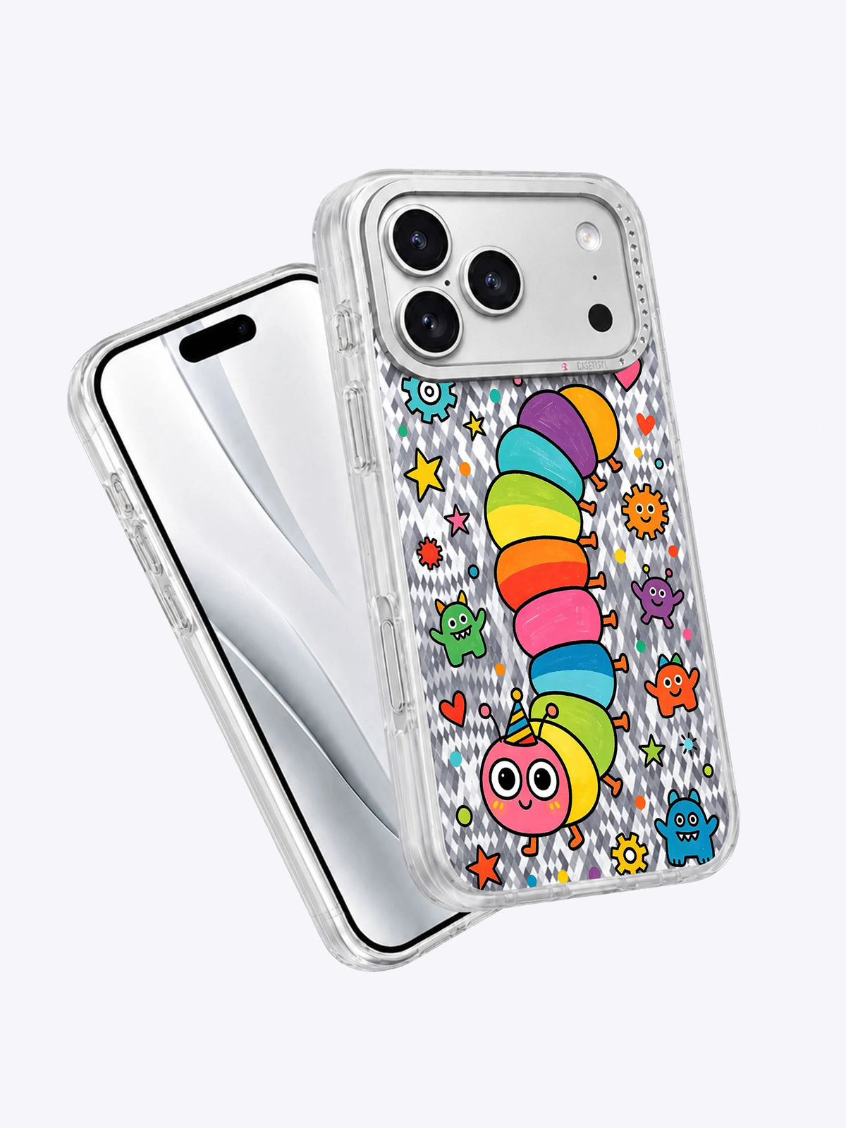 Rainbow Caterpillar kılıfının ön ekran ve desenli arka görünümü