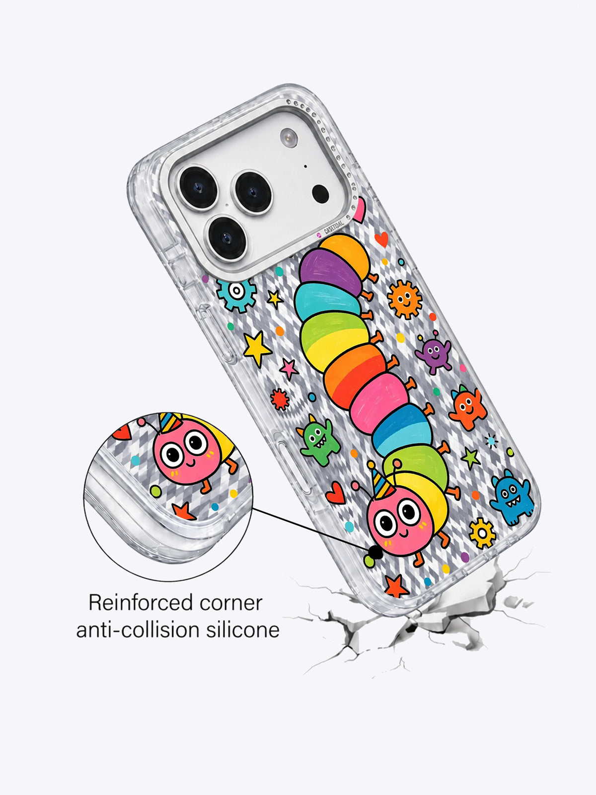 Çatlak yüzey çiziminin üzerinde Rainbow Caterpillar kılıfı