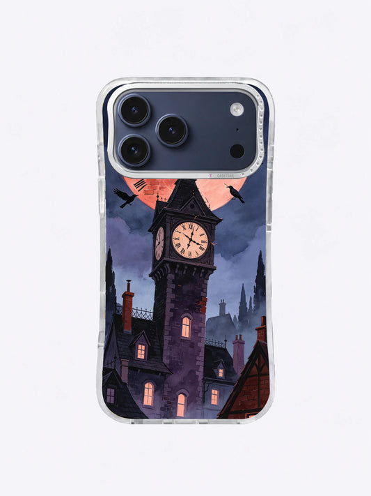 Crooked clock tower, perched owl and brick-red full moon on The Clocktower Owl iPhone case