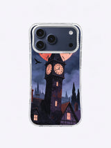 Pale peach windows guiding the eye toward an owl on a crooked midnight clock tower