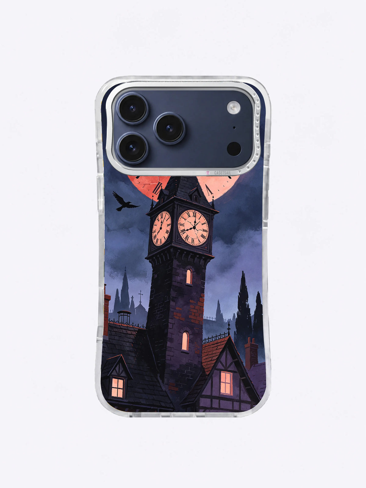 Pale peach windows guiding the eye toward an owl on a crooked midnight clock tower