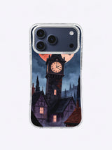 Ravens circling like clock hands around an owl and brick-red moon on an illustrated iPhone case