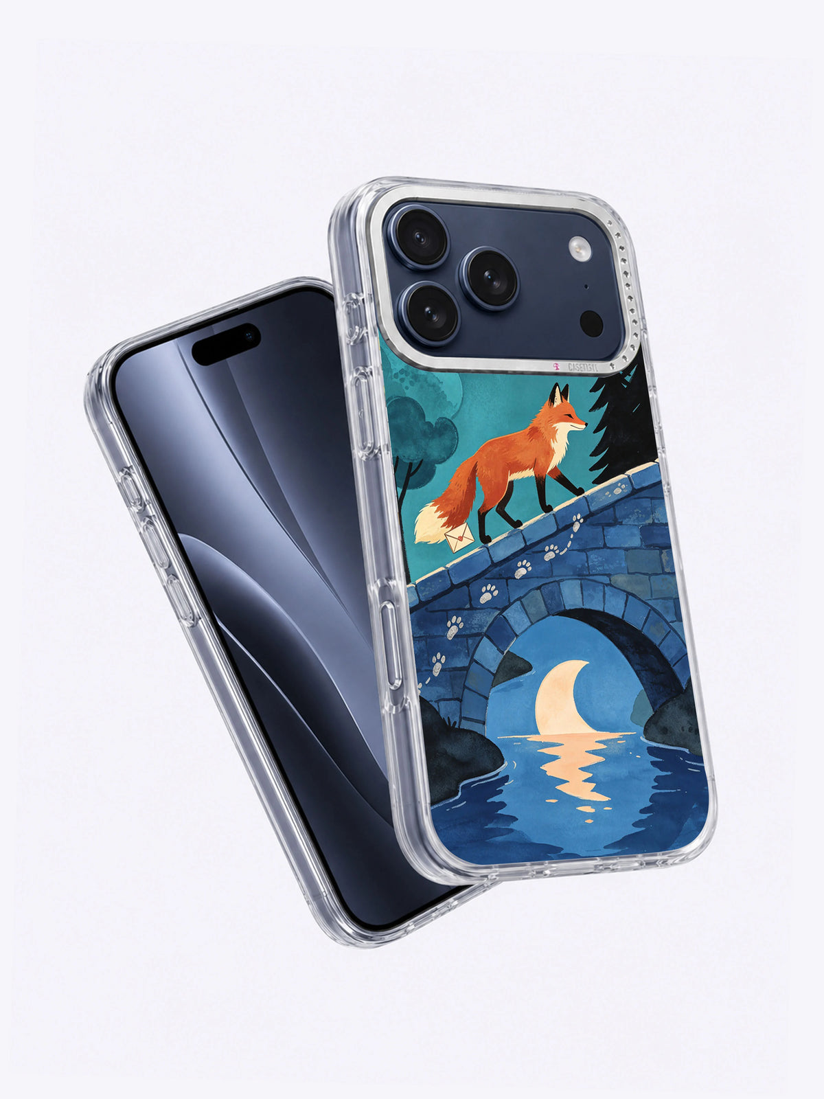 Angled product view of the Fox Across the Blue Bridge illustrated iPhone case