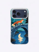 Fox walking between teal trees and black pines over a cobalt river and ochre crescent