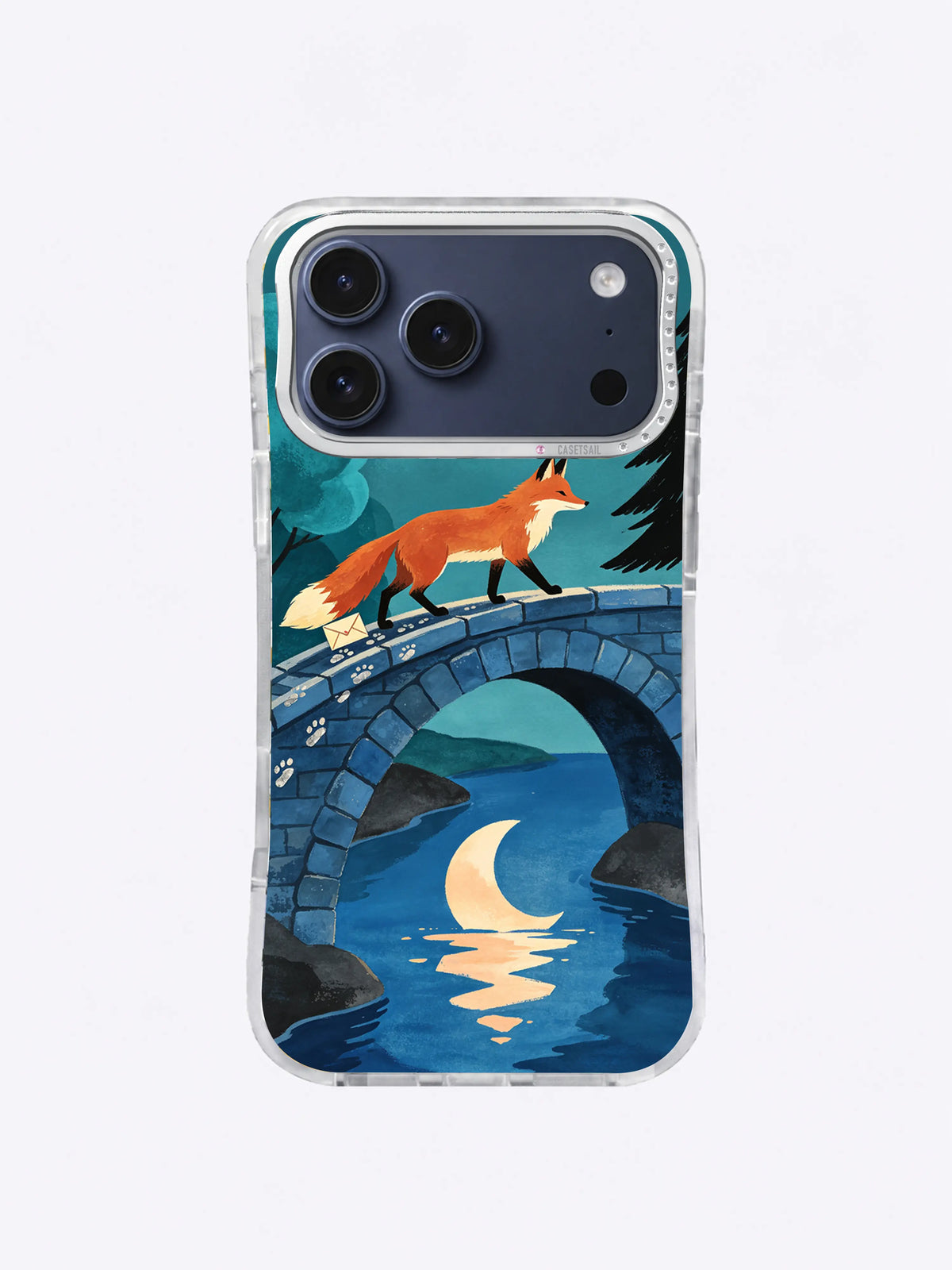 Fox walking between teal trees and black pines over a cobalt river and ochre crescent