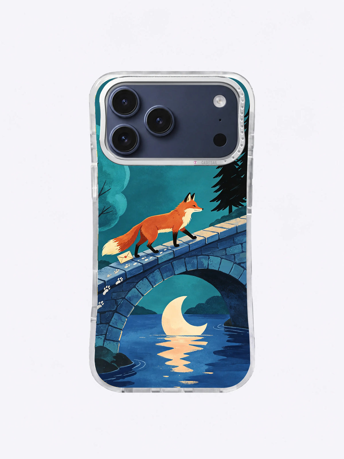 Burnt-coral fox and cream-tipped tail above a crescent reflection in a cobalt river