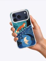 Fox Across the Blue Bridge illustrated iPhone case held in one hand