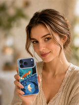 Lifestyle view of the Fox Across the Blue Bridge cottagecore iPhone case