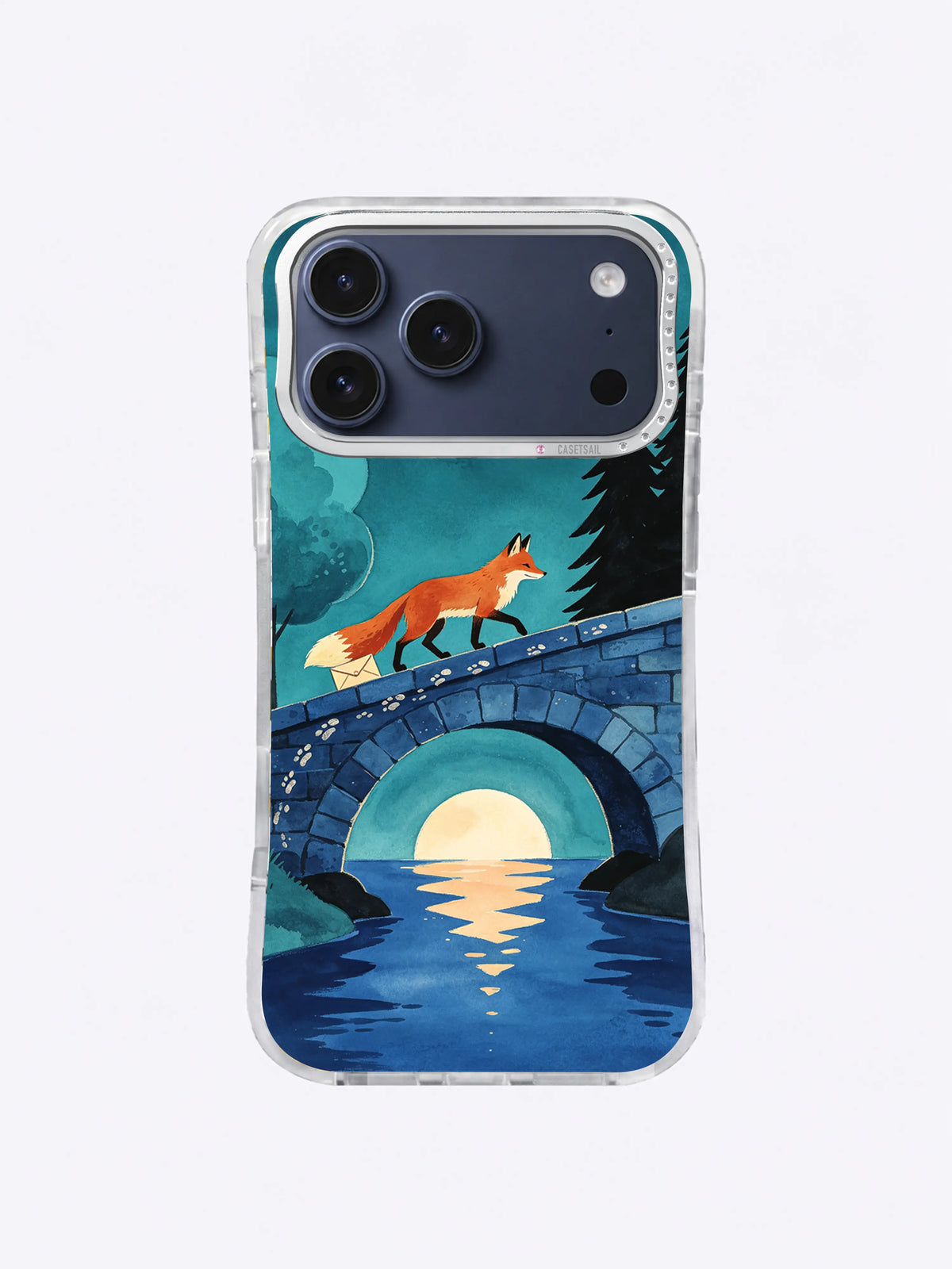 Fox crossing a diagonal blue bridge as a pale ochre moon reflects beneath the arch