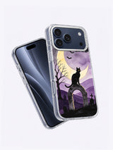 Angled product view of the Moonlit Sentinel black cat and crescent moon iPhone case