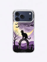 Black cat, three flying bats and torn clouds in a charcoal and lavender night scene