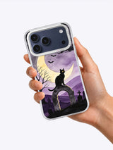 Moonlit Sentinel black cat iPhone case held in one hand