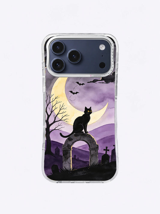 Black cat standing on a moon-shaped stone arch beneath a pale crescent on the Moonlit Sentinel iPhone case