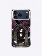 Raven crossing a gothic stone arch with antique key, ivy and parchment sheets