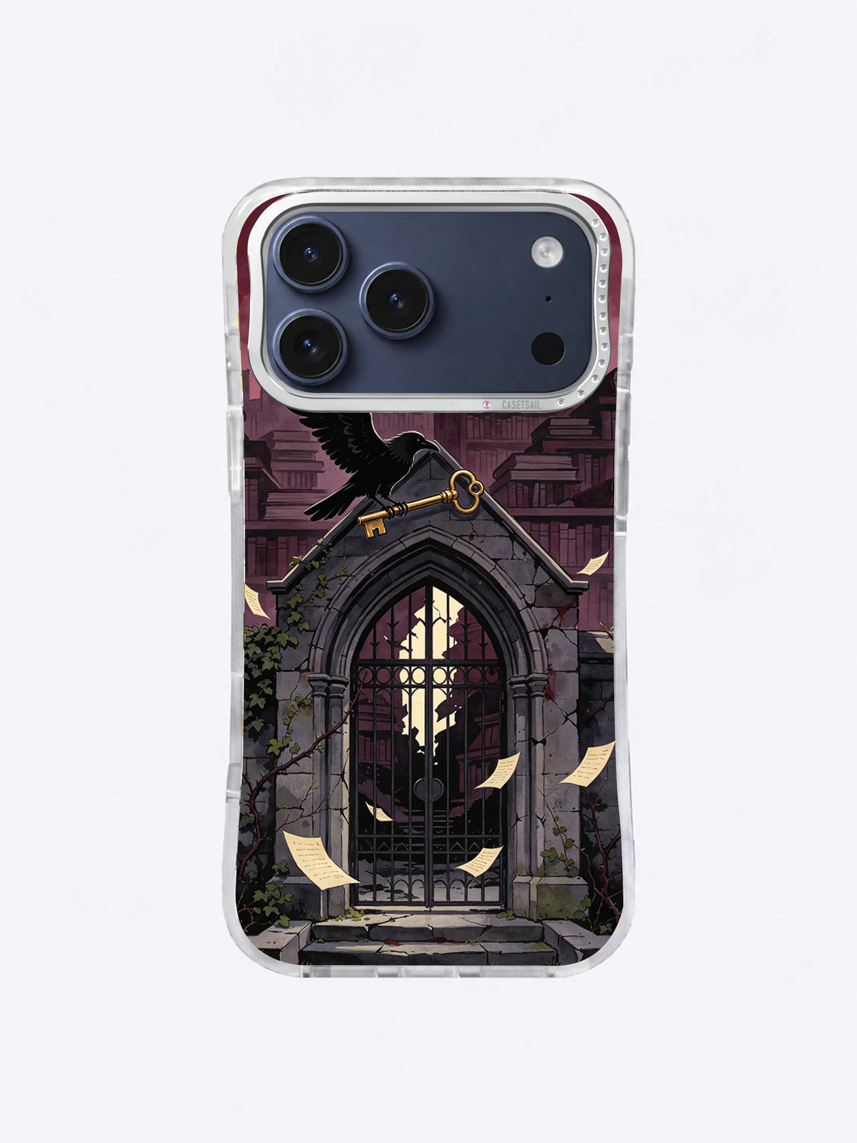 Raven crossing a gothic stone arch with antique key, ivy and parchment sheets