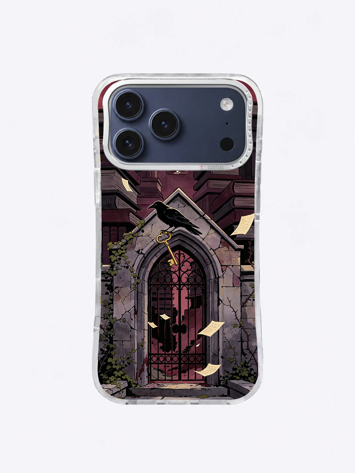 Black raven carrying an antique brass key across a cracked burgundy academy gate