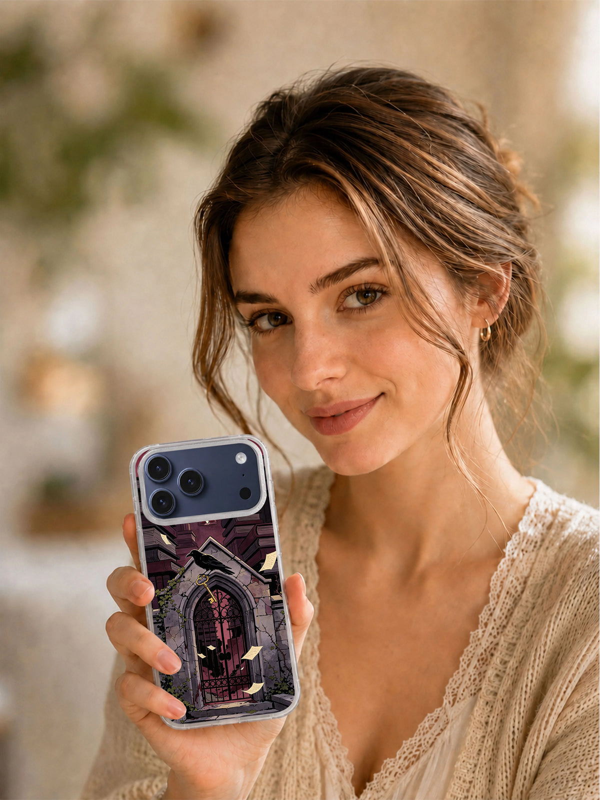 Lifestyle view of The Raven and the Brass Key gothic iPhone case