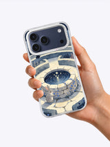 The Well of Small Wishes illustrated iPhone case held in one hand
