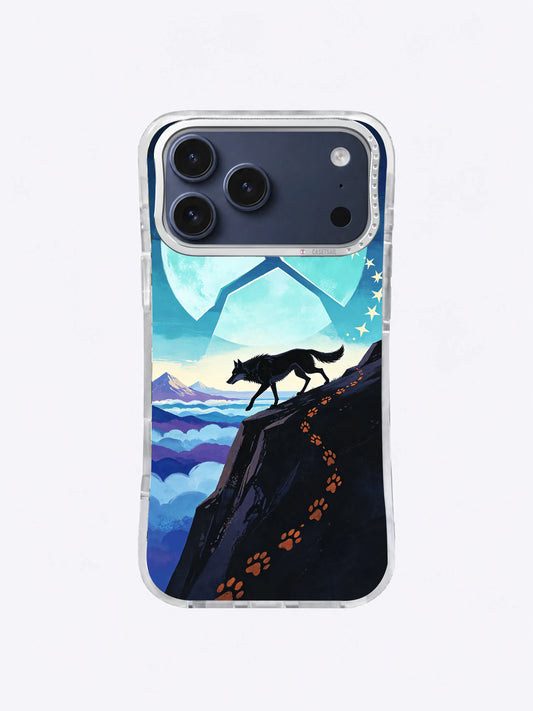Wolf Above the Cloud Sea iPhone case showing a black wolf, broken icy moon and blue cloud bands