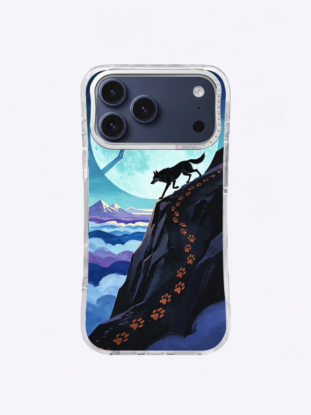 Celestial wolf iPhone case with a lone wolf on a high cliff above violet and blue clouds