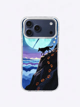 Dark celestial wolf iPhone case with icy moon, steep ridge and curved rust pawprint trail