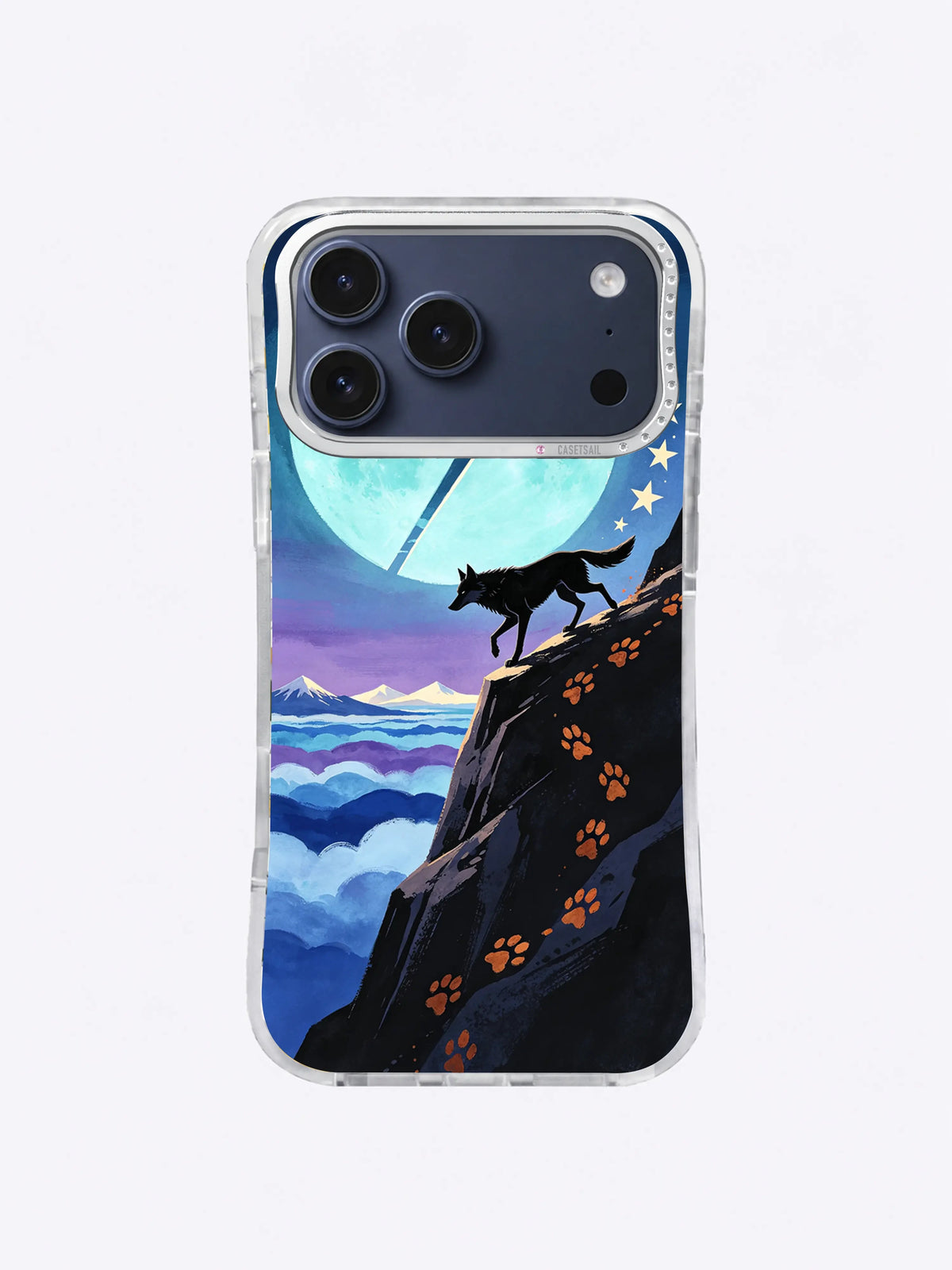 Dark celestial wolf iPhone case with icy moon, steep ridge and curved rust pawprint trail