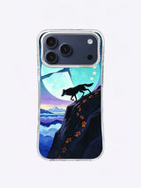 Black wolf phone case with rust pawprints climbing a dark ridge below an icy cyan moon
