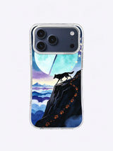Wolf mountain phone case showing a running black wolf, violet cloud sea and cream stars