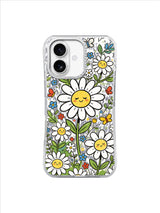 Coral Happy Daisy Meadow pattern on an iPhone 17 case