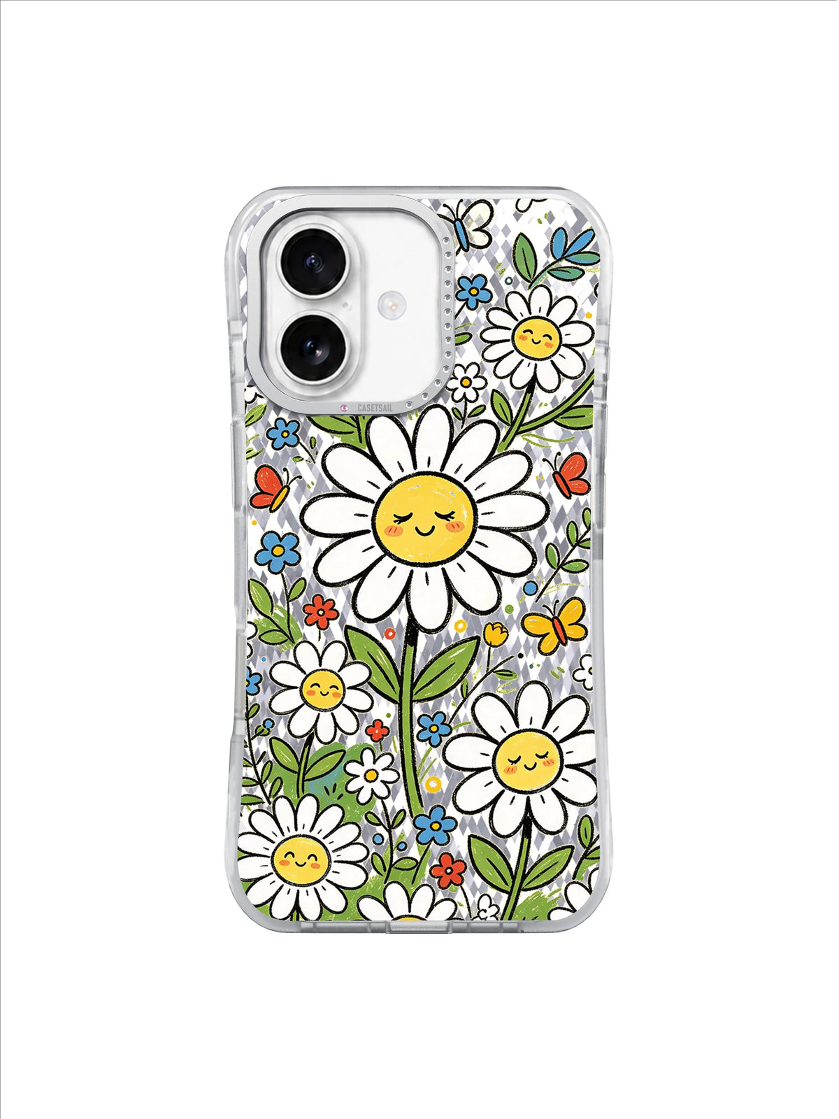 Coral Happy Daisy Meadow pattern on an iPhone 17 case