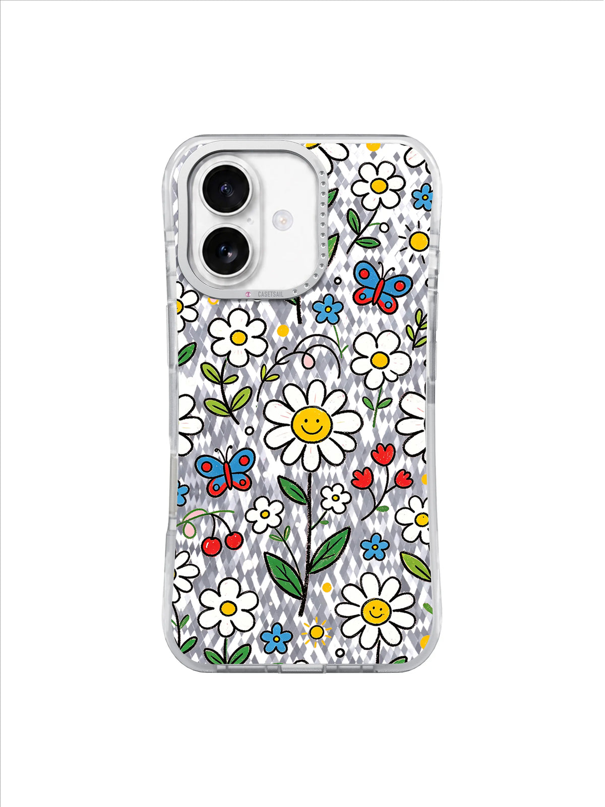 Cheerful Flower Field pattern içeren iPhone 17 kılıfı