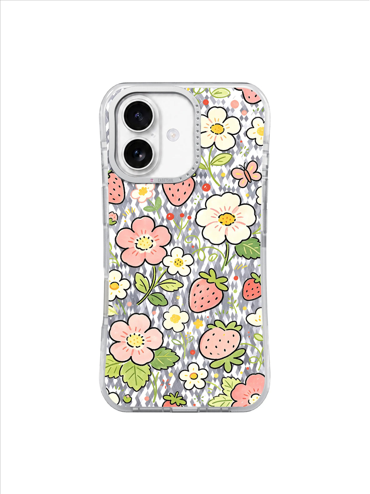 Airy Strawberry Flowers pattern on an iPhone 17 case