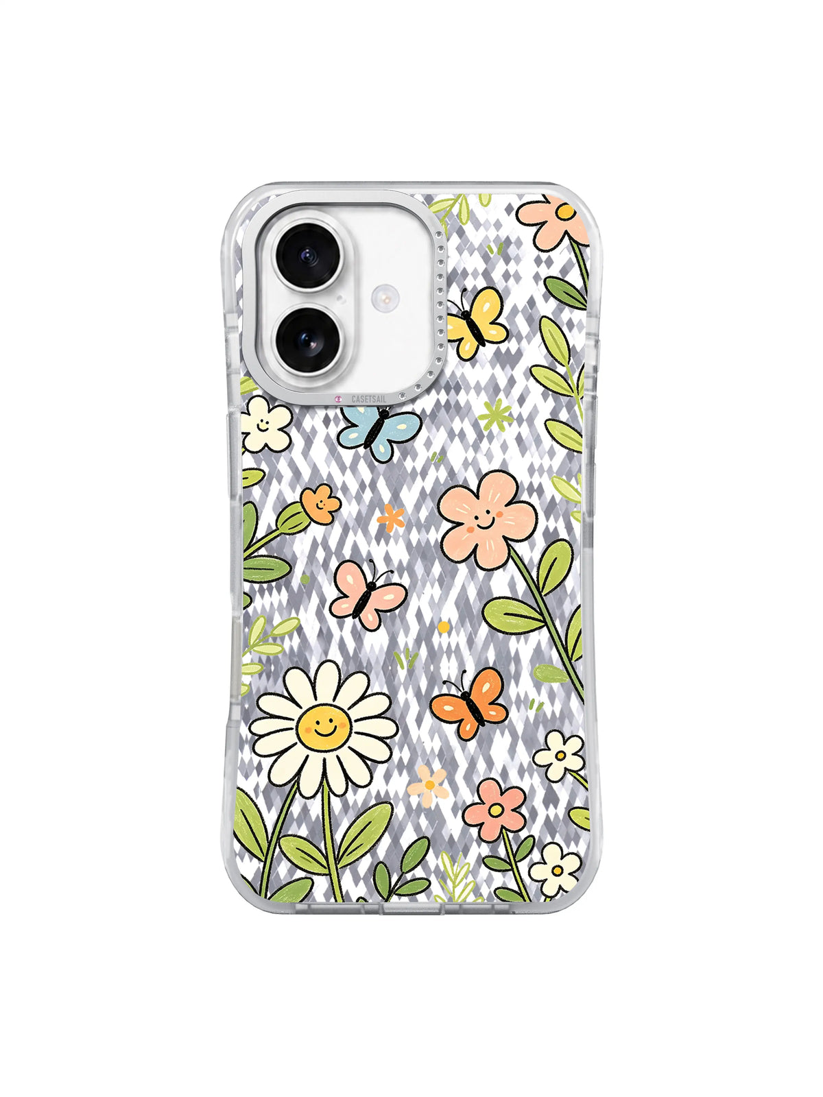 Blush Blossom Butterflies pattern on an iPhone 17 case