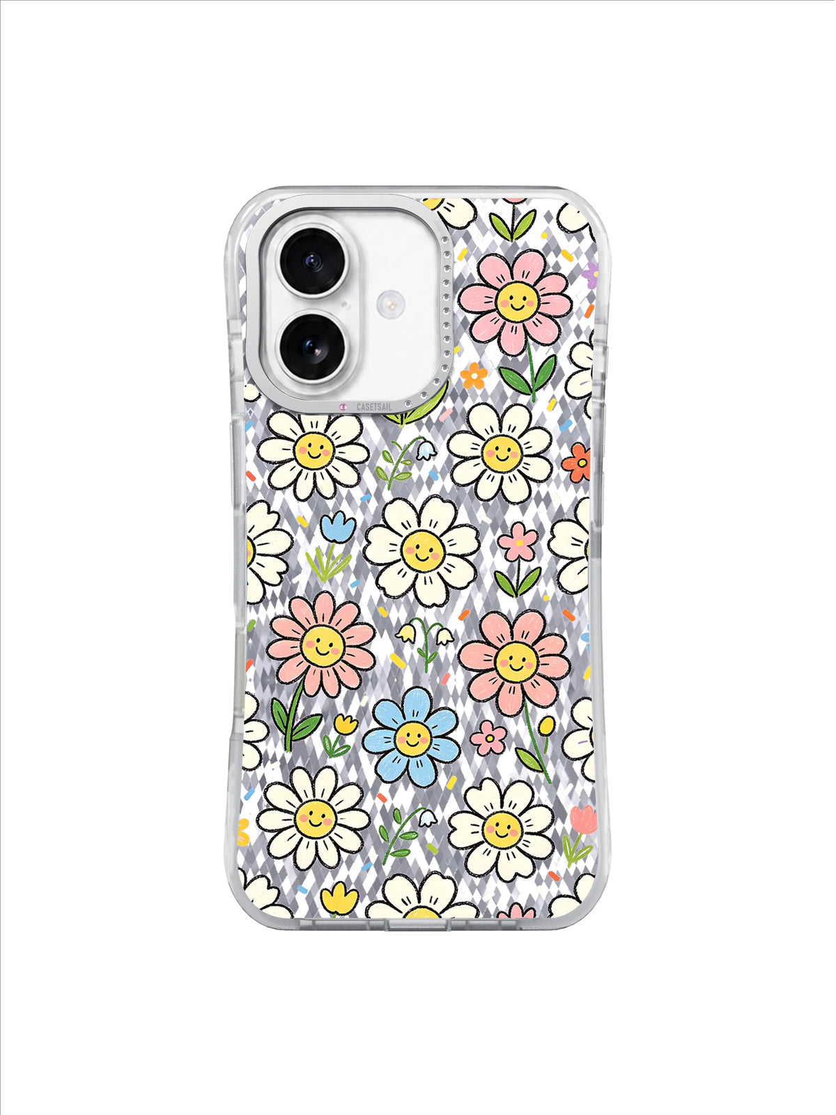 Pink Retro Daisy Party pattern içeren iPhone 17 kılıfı