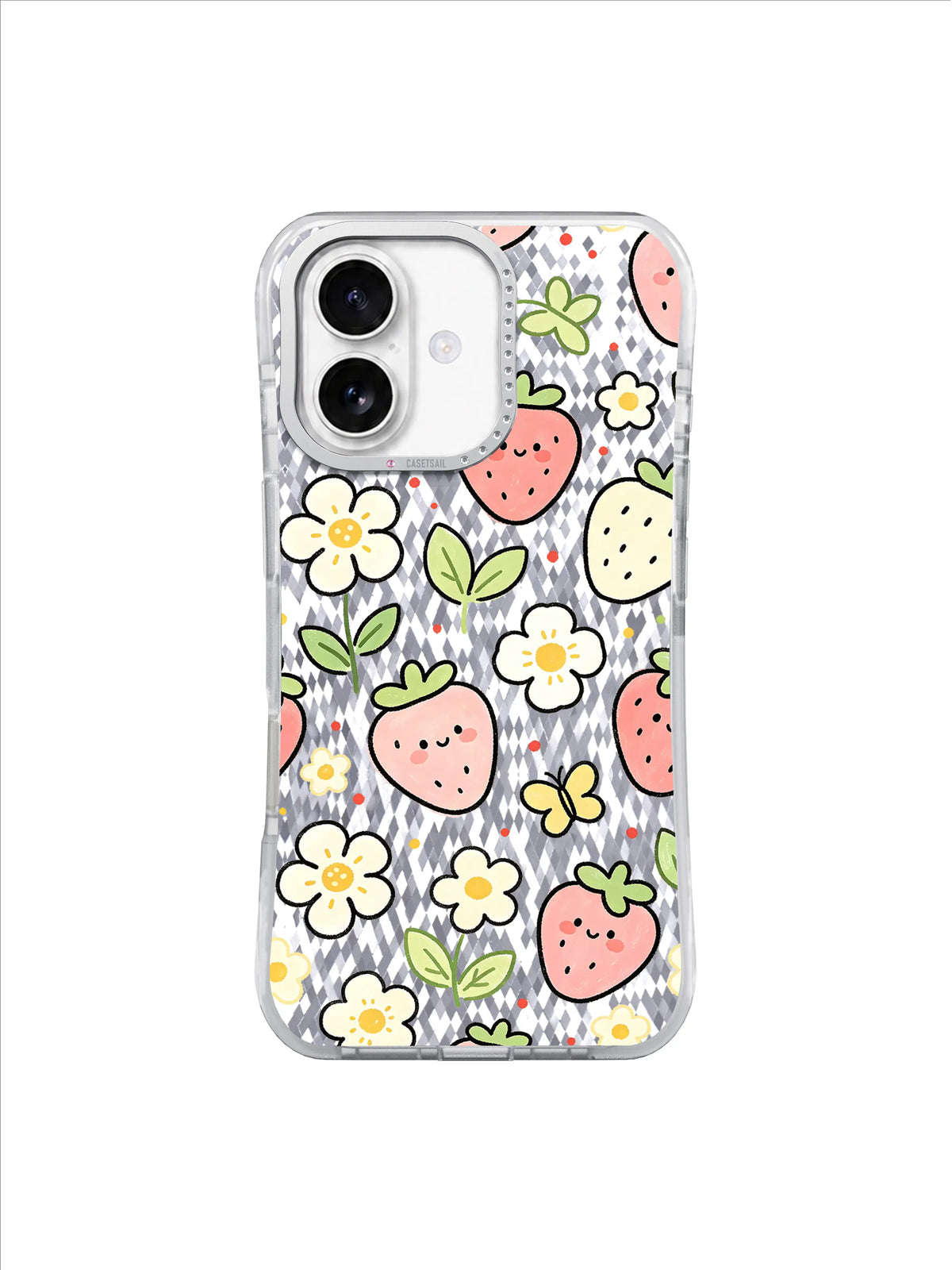 Strawberry Daisy Sketch pattern on an iPhone 17 case