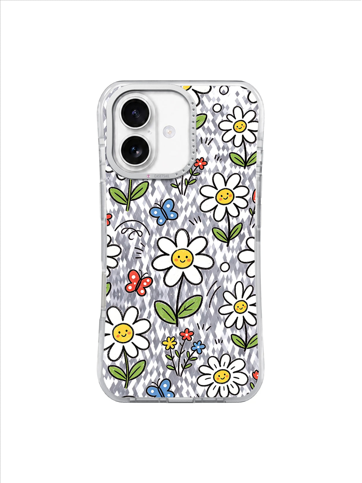 Mint Meadow Smiles pattern on an iPhone 17 case