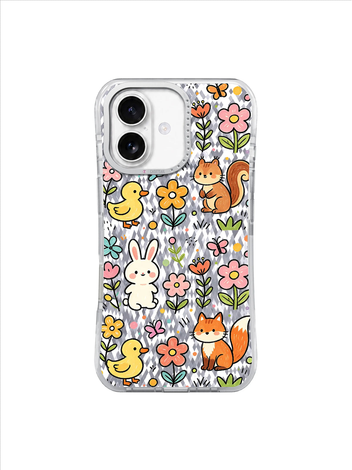 Bunny Bear Fox Garden on an iPhone 17 case