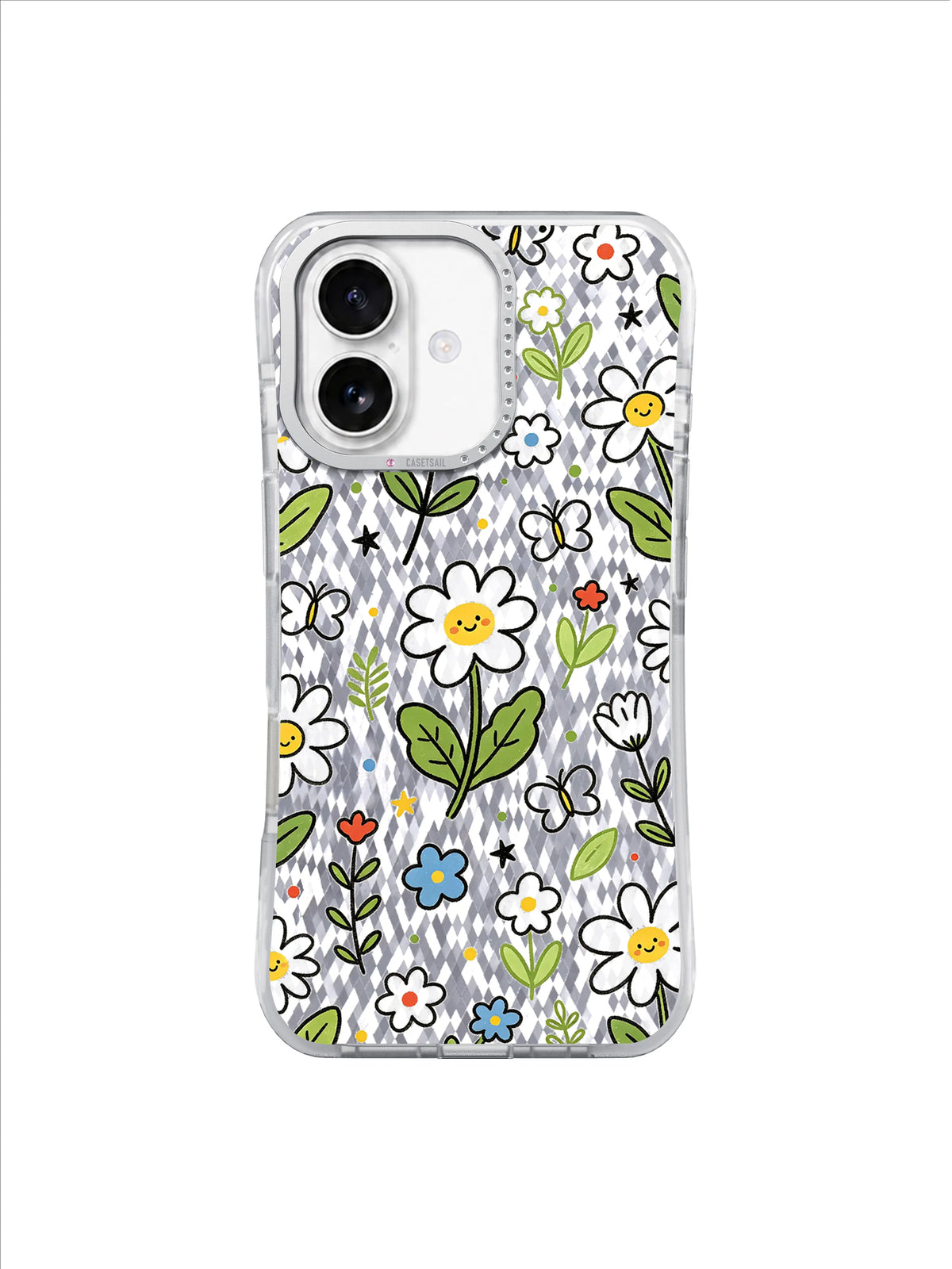 Pink Daisy Confetti pattern on an iPhone 17 case