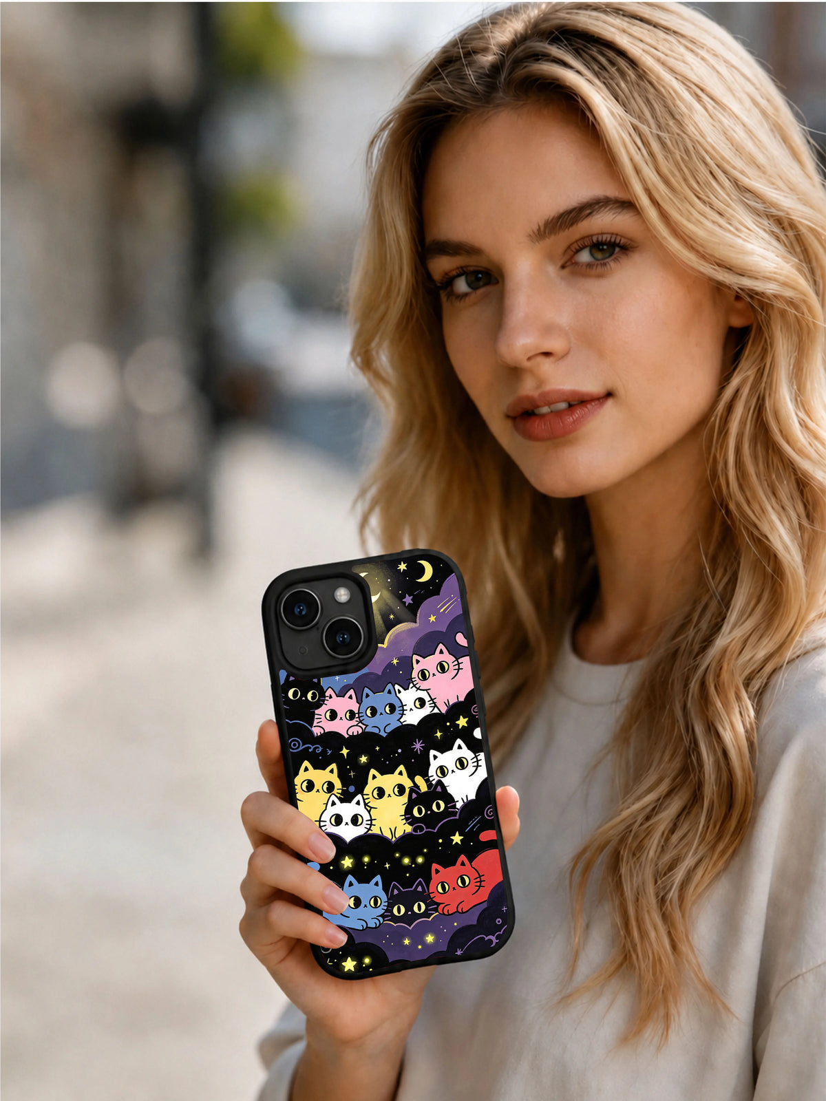 Artist-designed night sky cat phone case