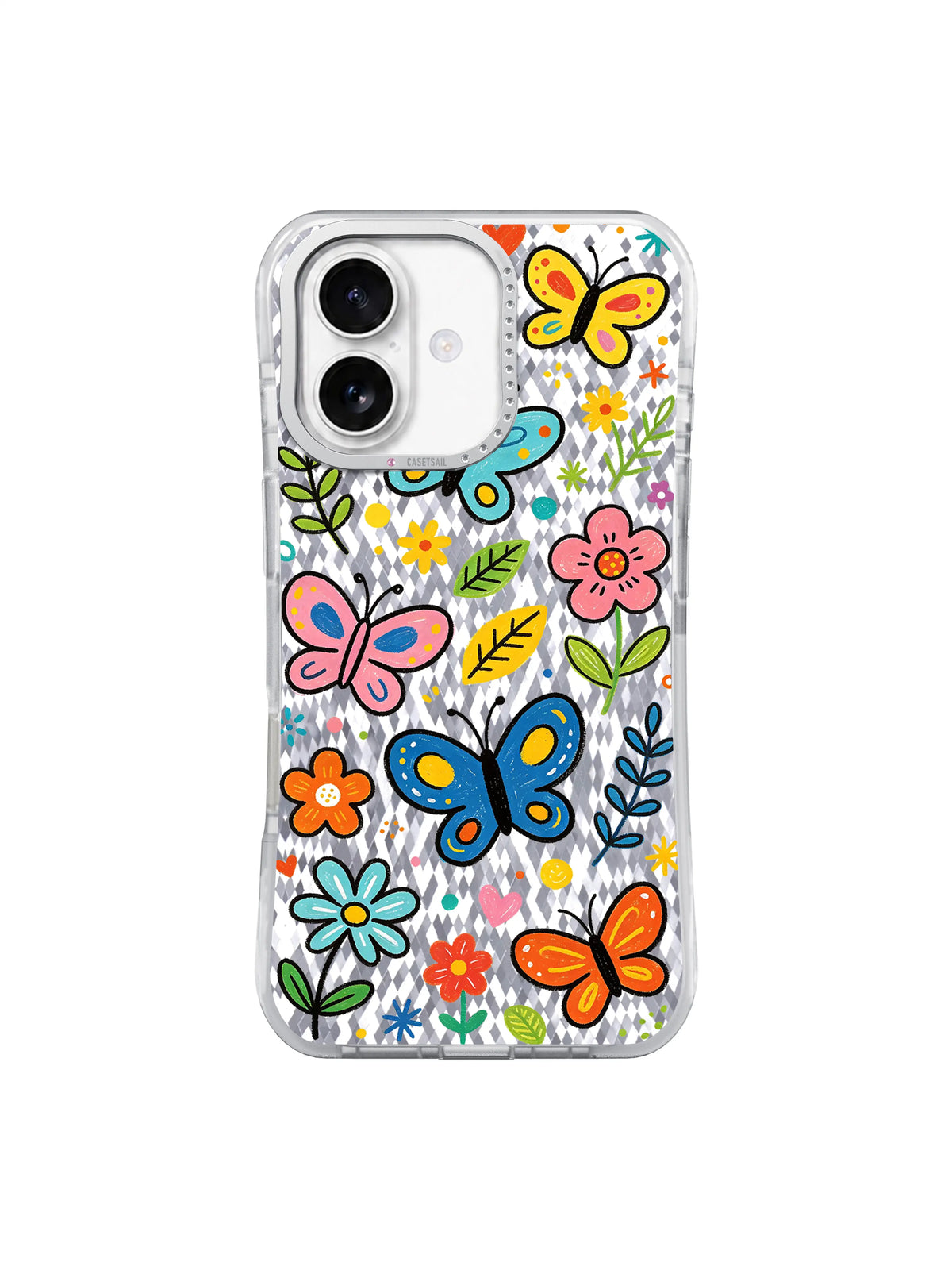 Butterfly Confetti Garden pattern içeren iPhone 17 kılıfı