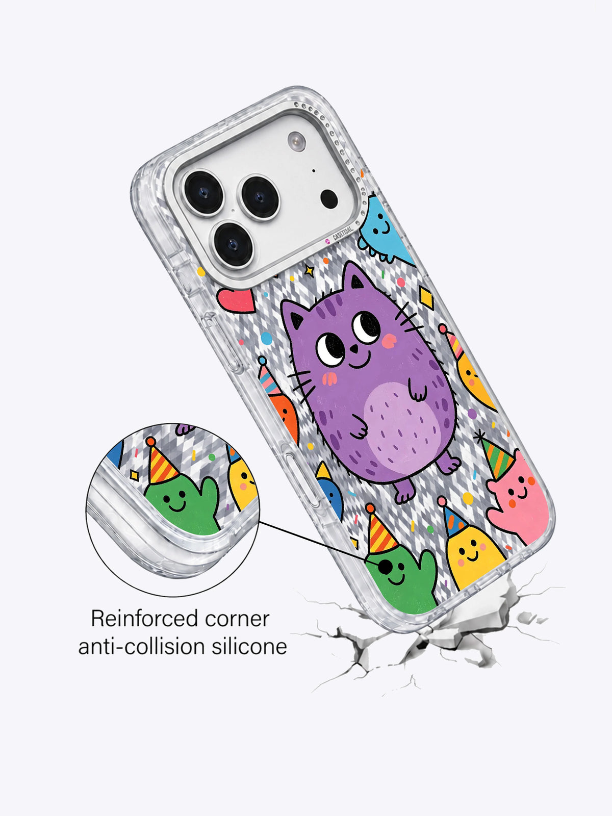 Mor Kedi Canavarı Gülümsemesi görseli galeri görünümü 4 içeren iPhone 17 Pro Max kılıfı