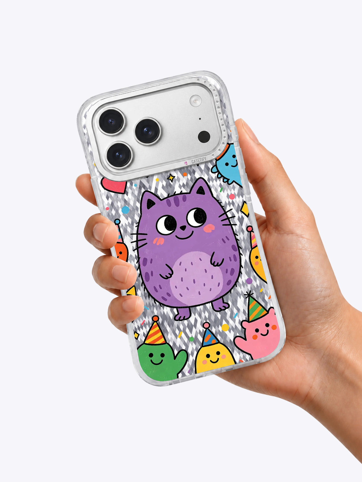Mor Kedi Canavarı Gülümsemesi görseli galeri görünümü 6 içeren iPhone 17 Pro Max kılıfı