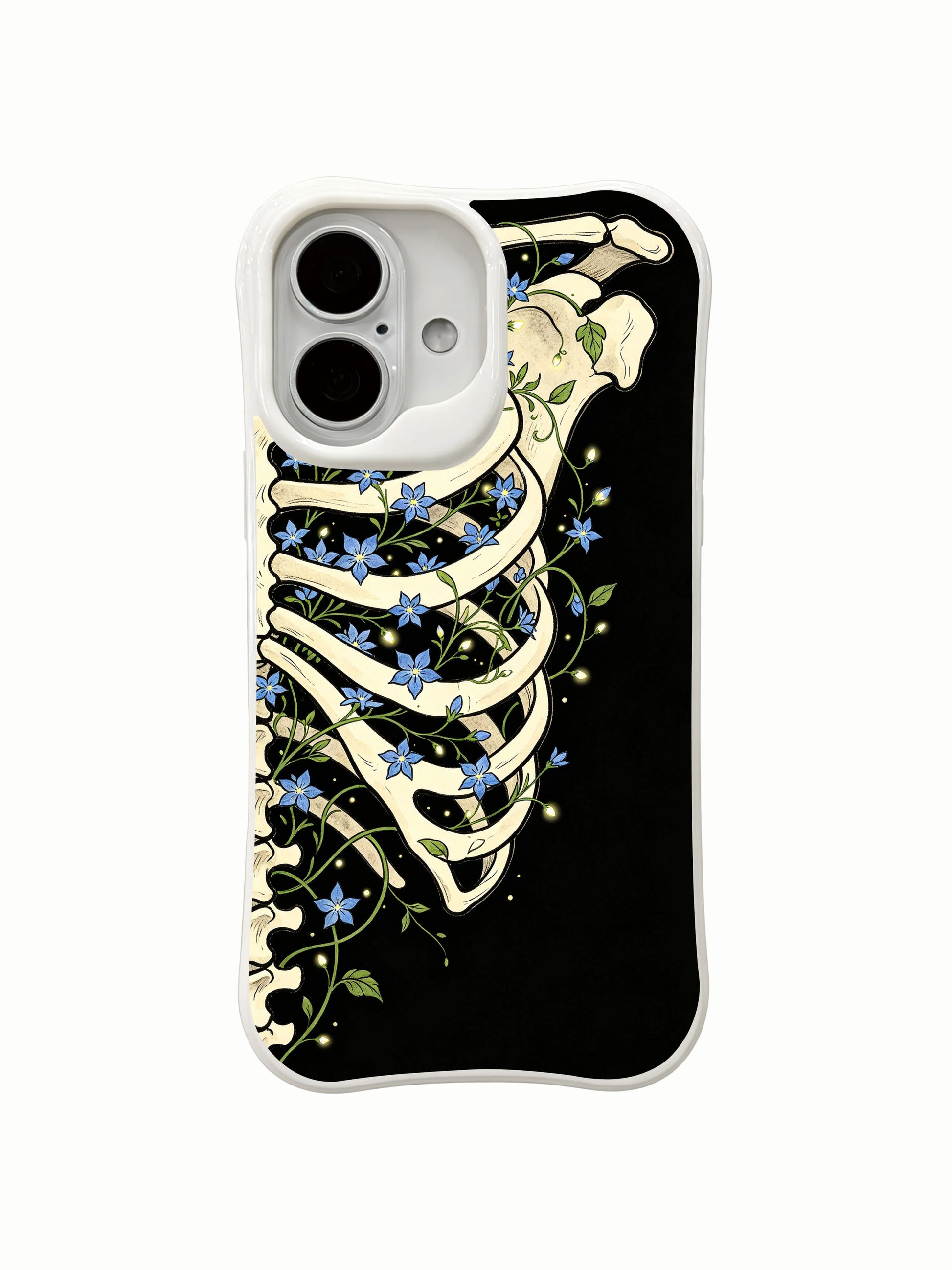 PhoneCasing Bone Star Bloom morbid botanical iPhone 16 Case, exclusive Morrigan Vale art with full rib skeleton tangled by luminous blue star-shaped flowers, fade proof custom printed protective iPhone 16 cover