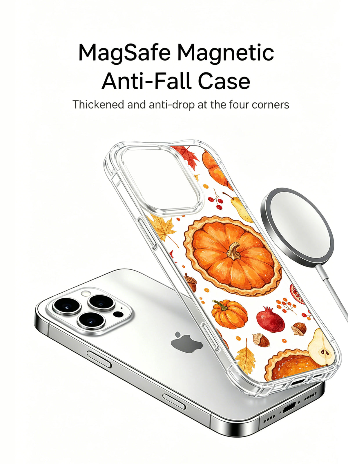 Harvest Pumpkin Pie Garden: Case shown separately above a phone beside a round charging accessory.