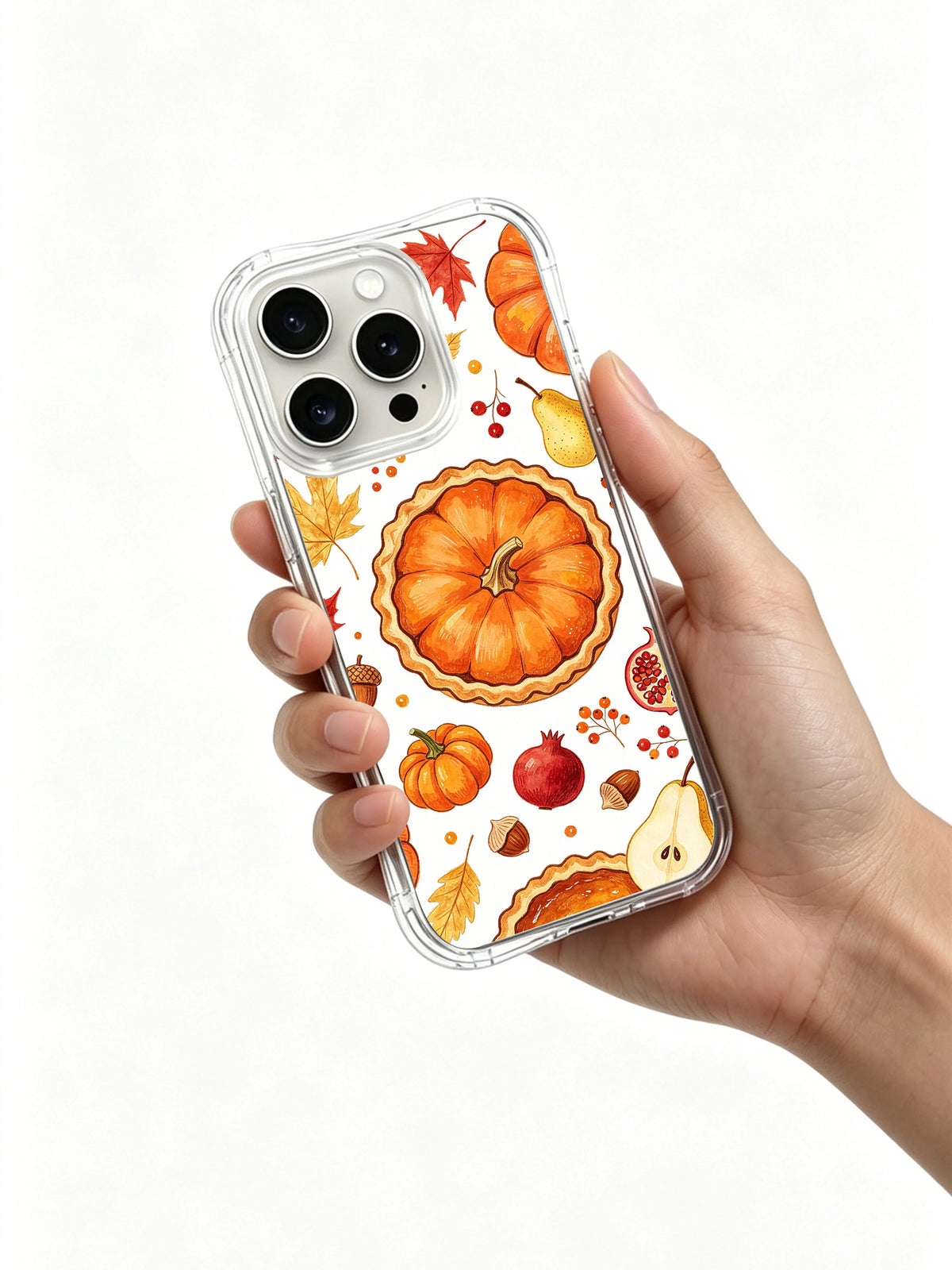 Harvest Pumpkin Pie Garden: A hand holds the illustrated case against a light background.