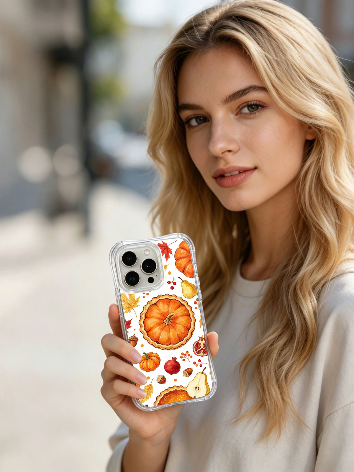 Harvest Pumpkin Pie Garden: A person holds the illustrated case in an outdoor portrait.