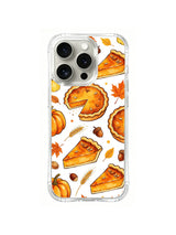 Harvest Pumpkin Pie Garden / Pumpkin Pie Slices: Triangular pie slices and round pies with a wedge missing, among orange leaves and acorns.